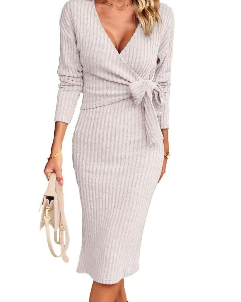 Xanthe Ribbed Wrap Knit Midi Dress