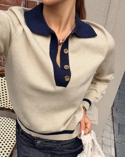 Annelis Contrast Collar Knit Polo Sweater
