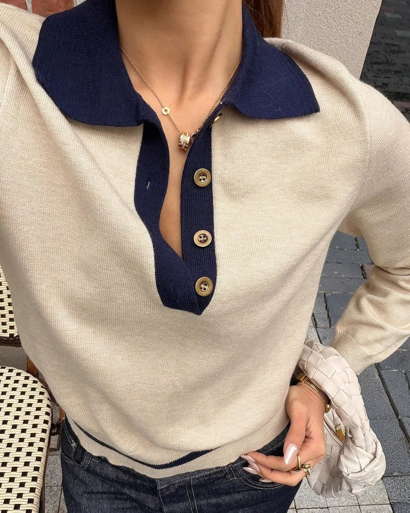 Annelis Contrast Collar Knit Polo Sweater