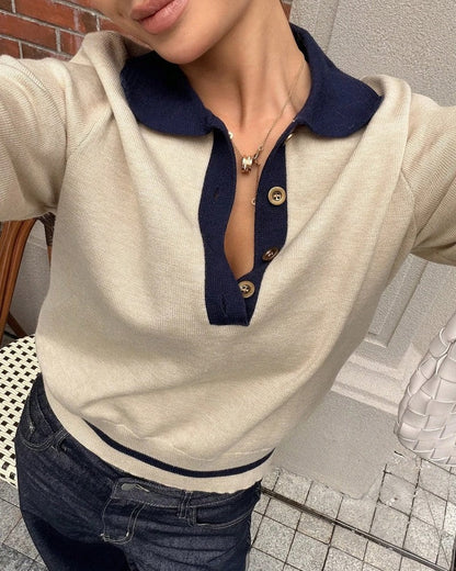 Annelis Contrast Collar Knit Polo Sweater