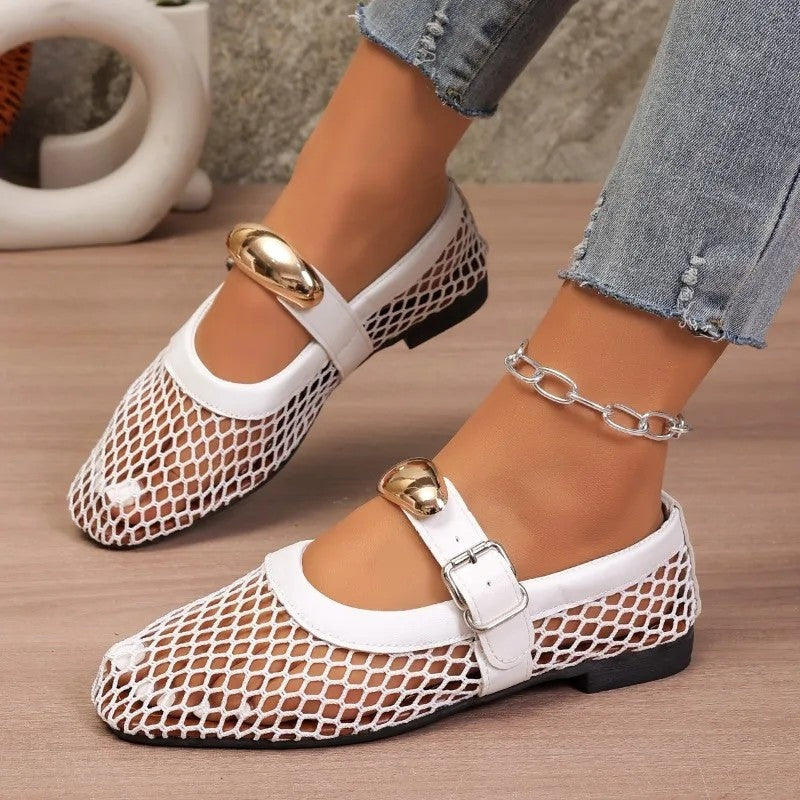 Avira Mesh Buckle Detail Mary Jane Flats