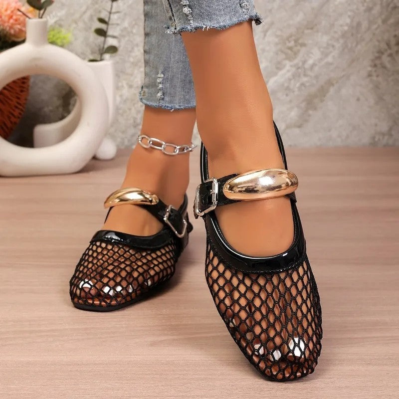 Avira Mesh Buckle Detail Mary Jane Flats