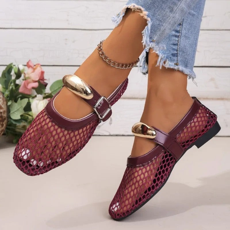 Avira Mesh Buckle Detail Mary Jane Flats