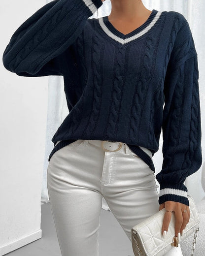 Brindle Cable Knit V-Neck Sweater