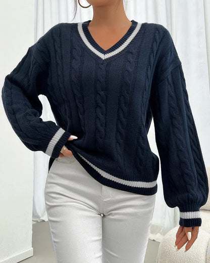 Brindle Cable Knit V-Neck Sweater
