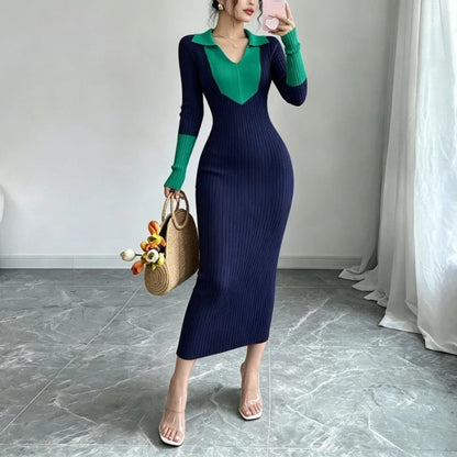Laurien Ribbed Knit Collared Midi Dress