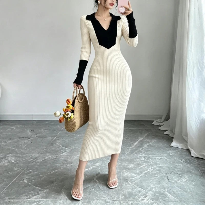 Laurien Ribbed Knit Collared Midi Dress