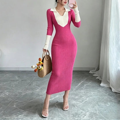 Laurien Ribbed Knit Collared Midi Dress