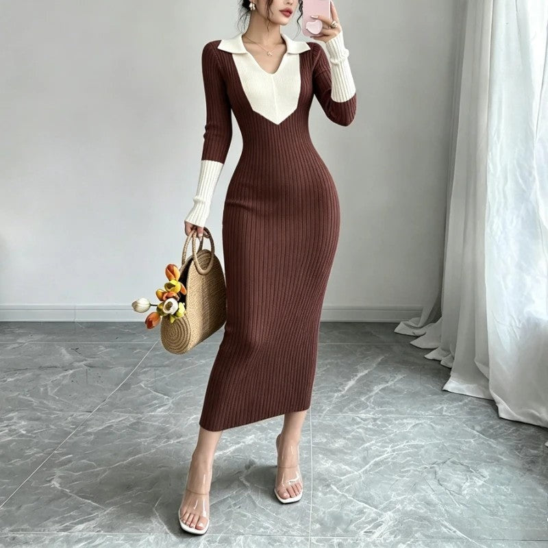 Laurien Ribbed Knit Collared Midi Dress
