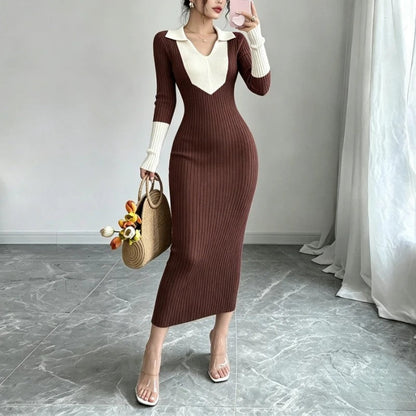 Laurien Ribbed Knit Collared Midi Dress