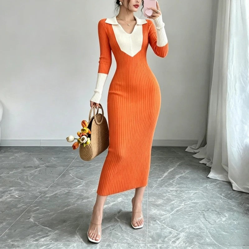 Laurien Ribbed Knit Collared Midi Dress