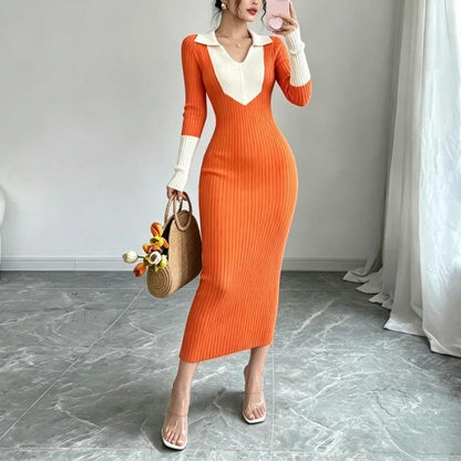 Laurien Ribbed Knit Collared Midi Dress