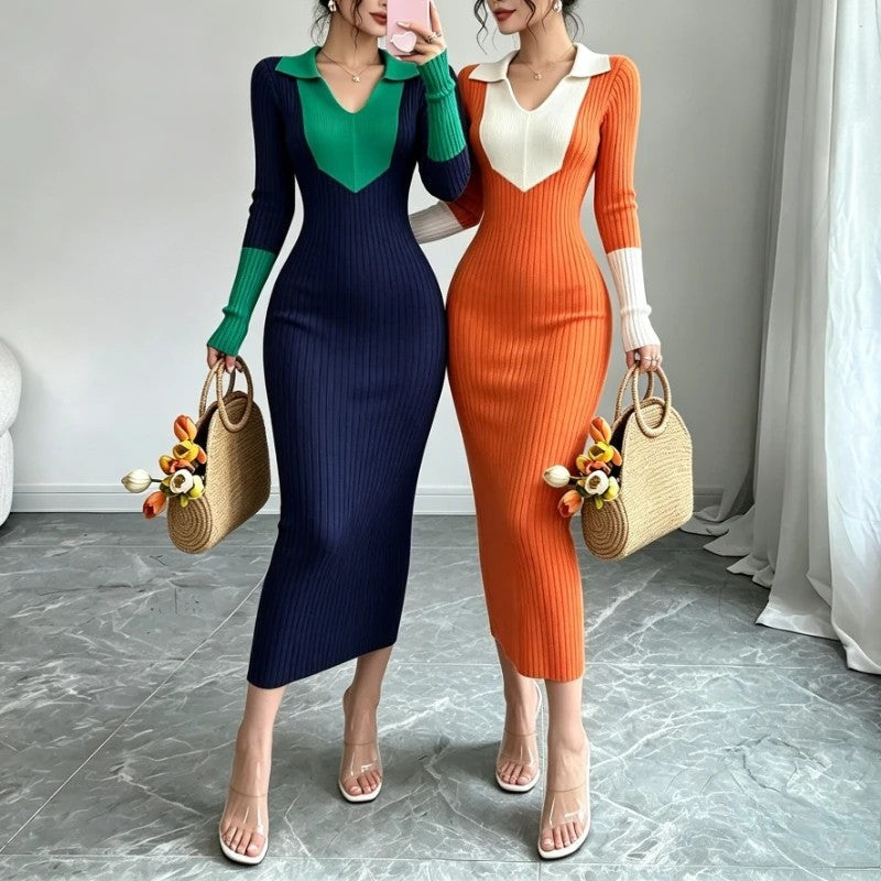 Laurien Ribbed Knit Collared Midi Dress
