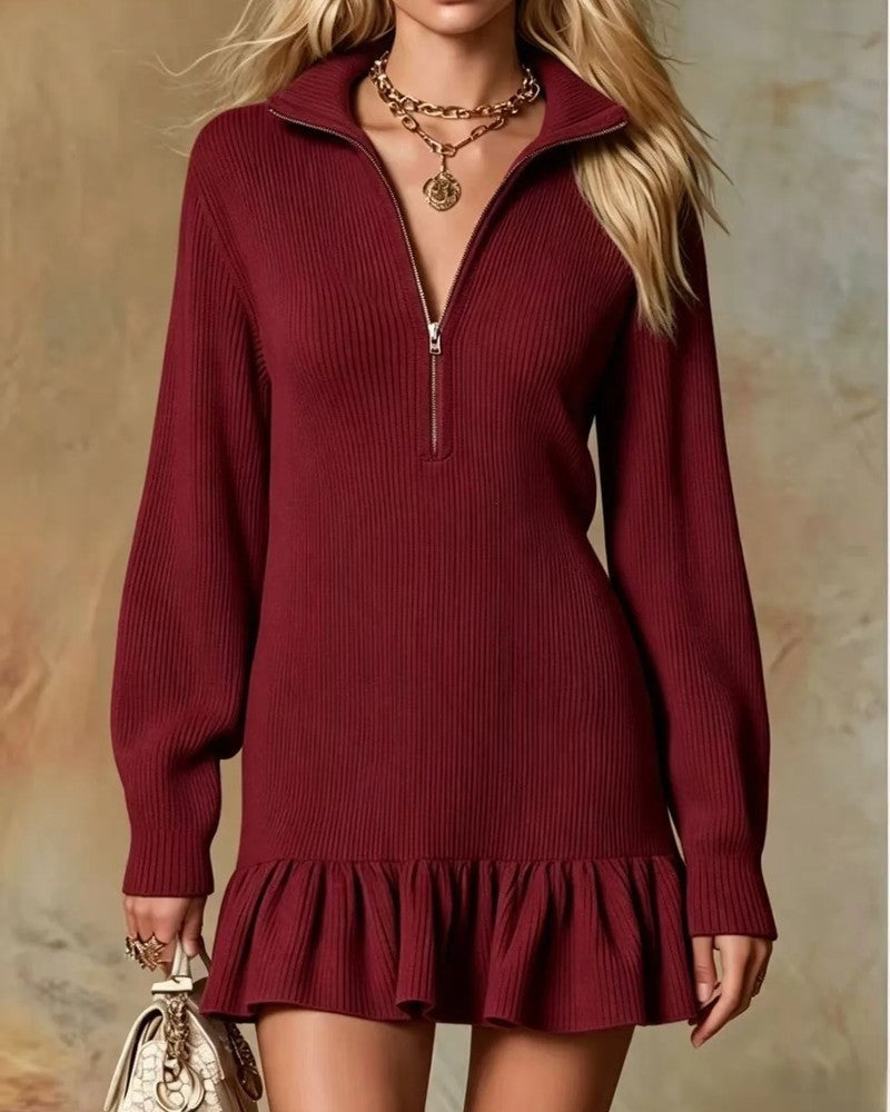 Mariet Half-Zip Ribbed Knit Mini Dress