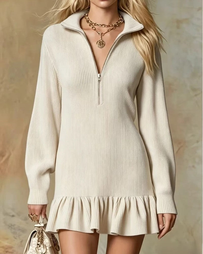 Mariet Half-Zip Ribbed Knit Mini Dress