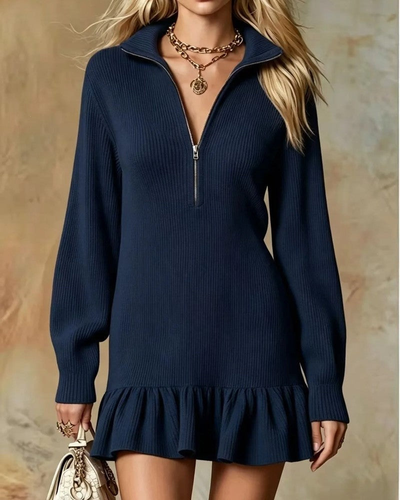 Mariet Half-Zip Ribbed Knit Mini Dress
