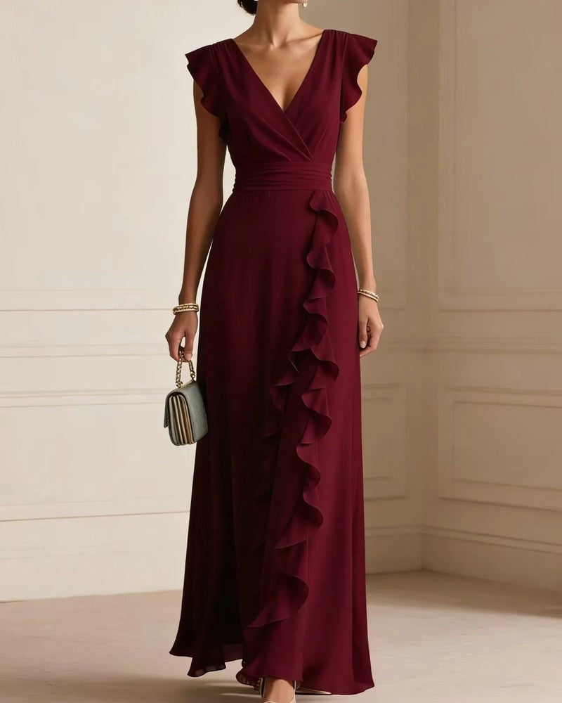 Marisse Ruffle V-Neck Wedding Guest Dress