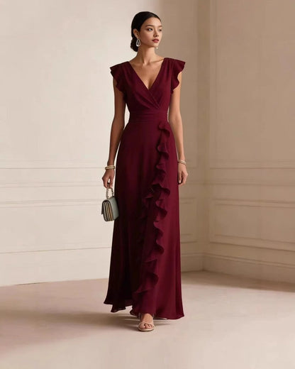 Marisse Ruffle V-Neck Wedding Guest Dress
