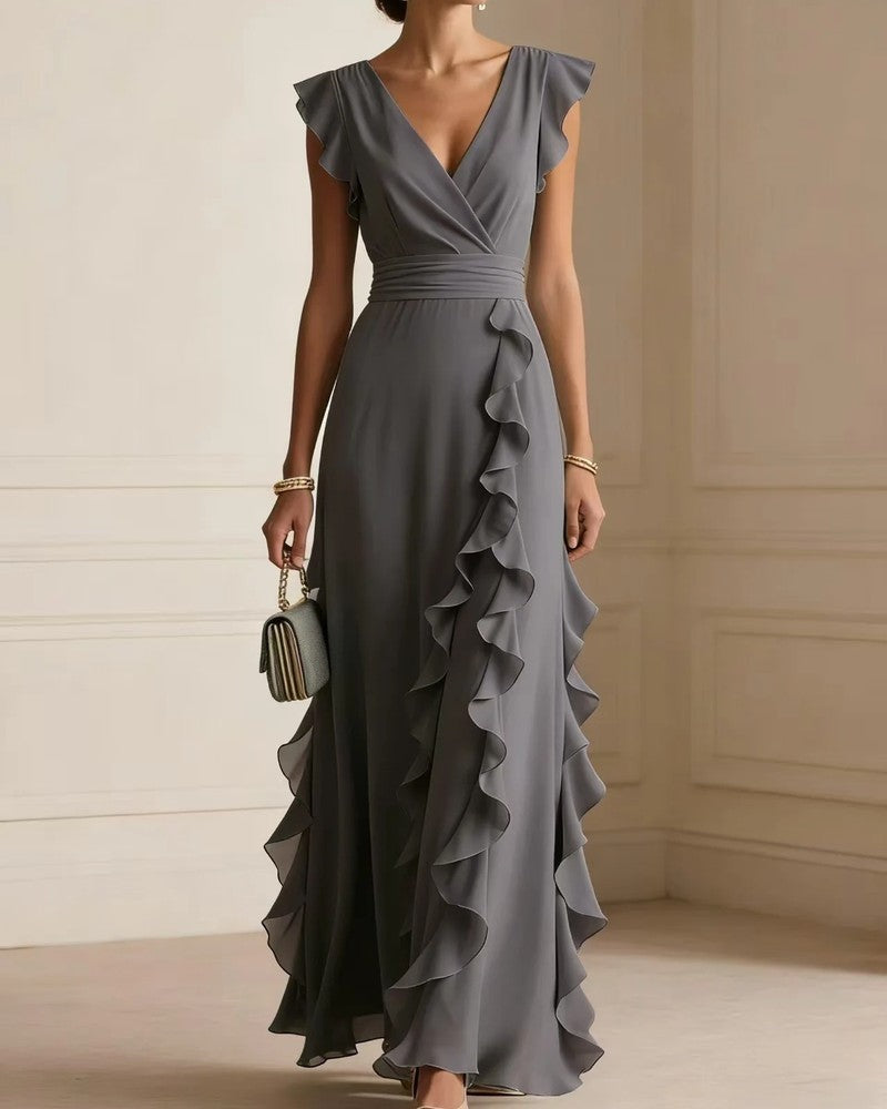 Marisse Ruffle V-Neck Wedding Guest Dress