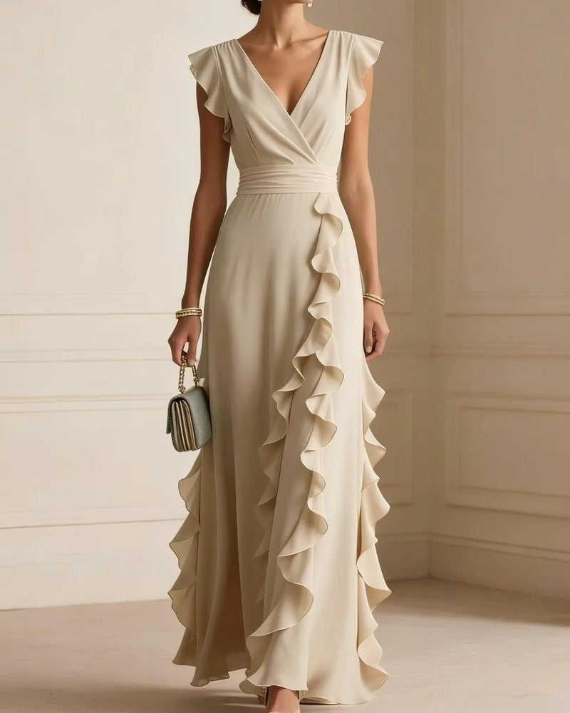 Marisse Ruffle V-Neck Wedding Guest Dress