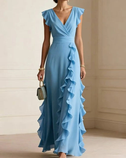 Marisse Ruffle V-Neck Wedding Guest Dress