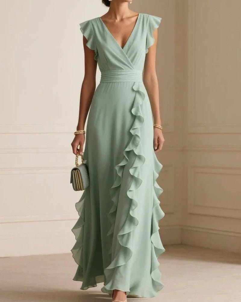 Marisse Ruffle V-Neck Wedding Guest Dress