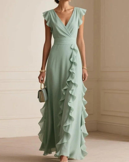 Marisse Ruffle V-Neck Wedding Guest Dress