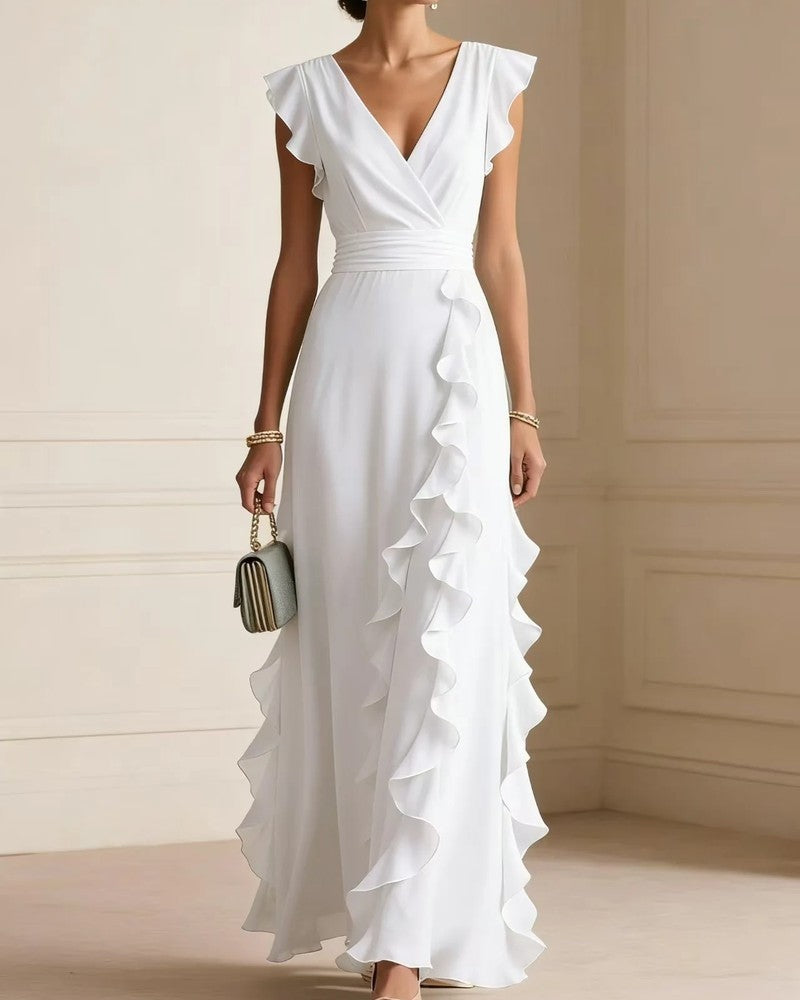 Marisse Ruffle V-Neck Wedding Guest Dress
