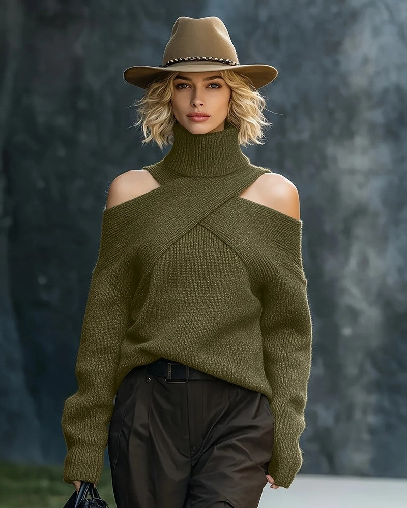Monica Women's Ribbed Cold Shoulder Turtleneck Sweater