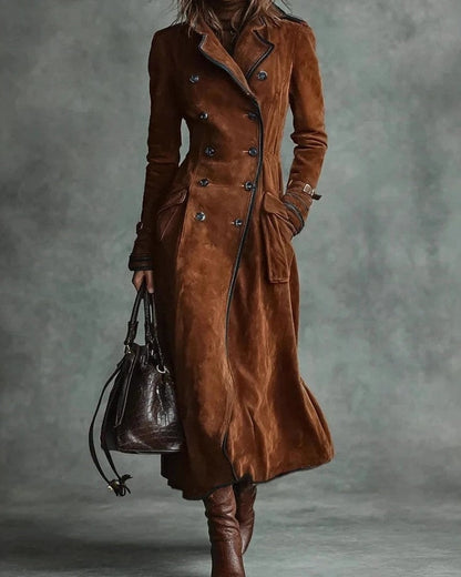 Olivia Suede Double-Breasted Long Trench Coat