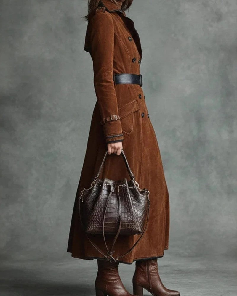Olivia Suede Double-Breasted Long Trench Coat