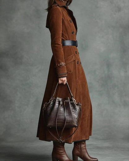 Olivia Suede Double-Breasted Long Trench Coat