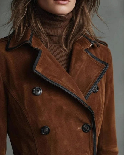 Olivia Suede Double-Breasted Long Trench Coat