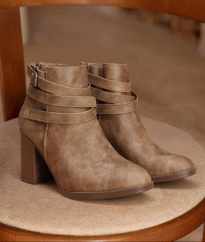 Perrine Block Heel Buckle Ankle Boots