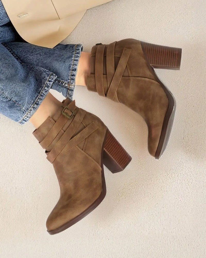 Perrine Block Heel Buckle Ankle Boots