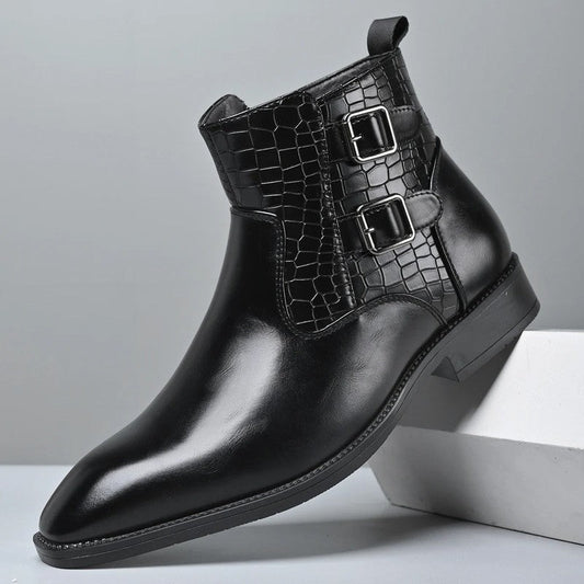 Rovano Croc Embossed Double Buckle Ankle Boots