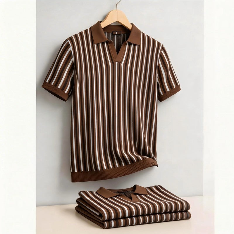 Roveno Retro Knit Open-Collar Polo Shirt