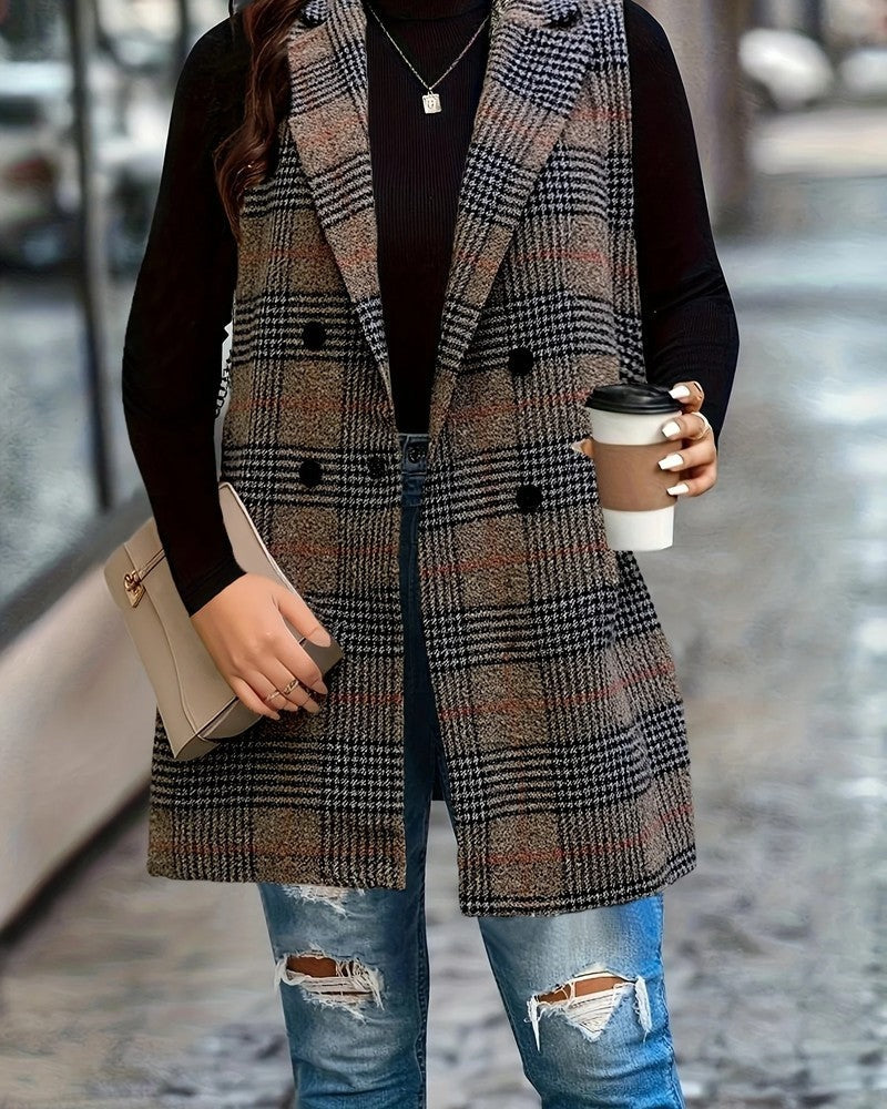 Sabrina Plaid Double-Breasted Long Vest