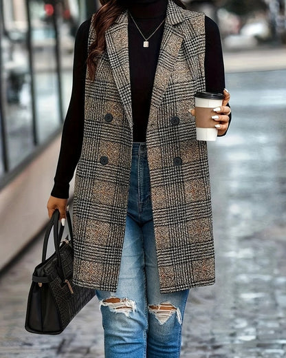 Sabrina Plaid Double-Breasted Long Vest