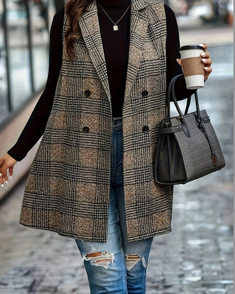 Sabrina Plaid Double-Breasted Long Vest
