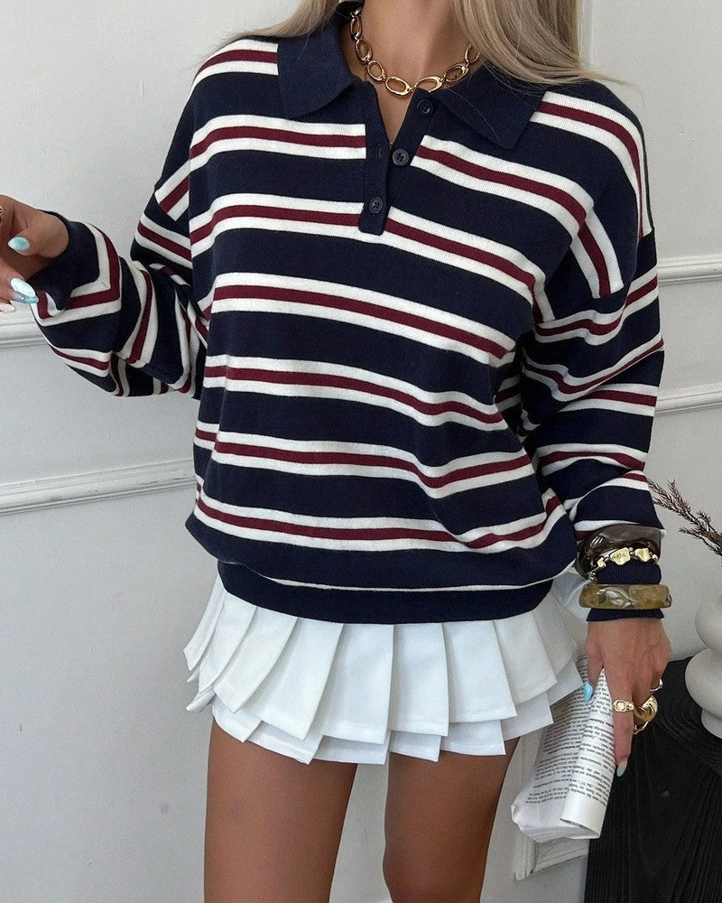 Selene Striped Knit Polo Sweatshirt