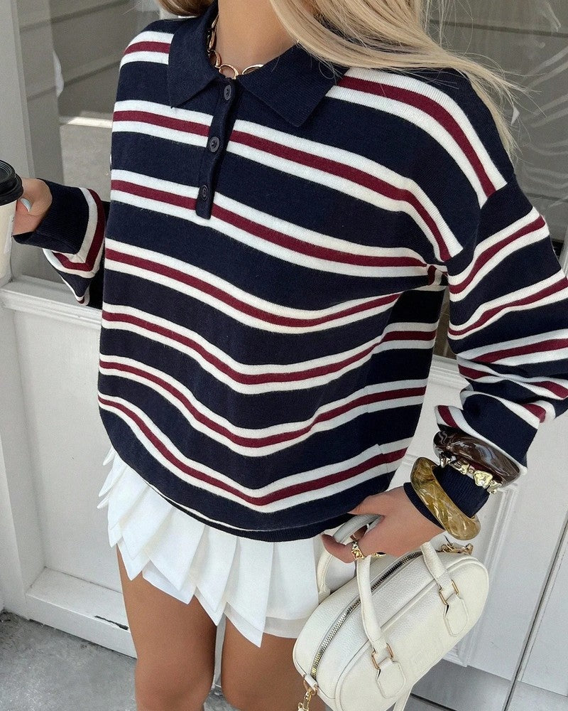 Selene Striped Knit Polo Sweatshirt