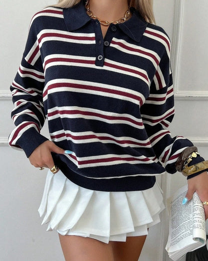 Selene Striped Knit Polo Sweatshirt
