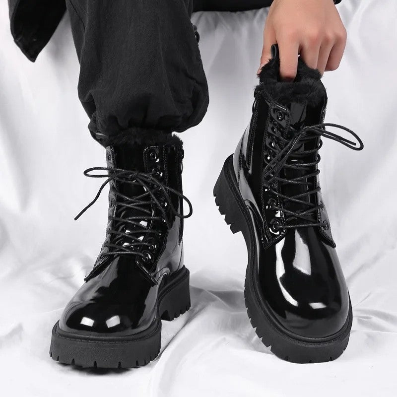 Simon Glossy Faux Fur Combat Boots