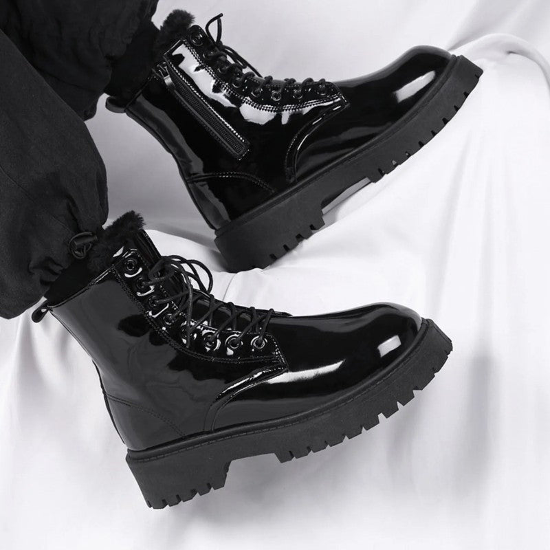 Simon Glossy Faux Fur Combat Boots