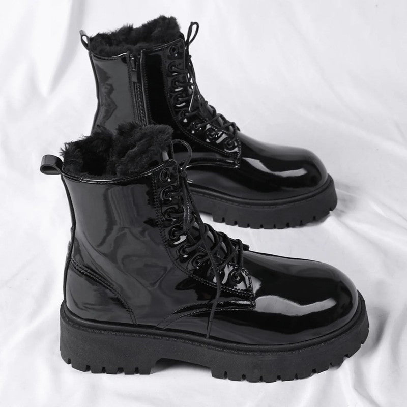 Simon Glossy Faux Fur Combat Boots