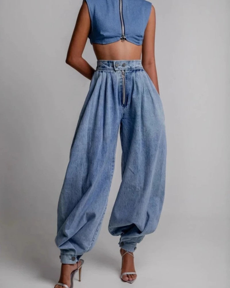 Vionne Pleated Barrel Leg Denim Jeans