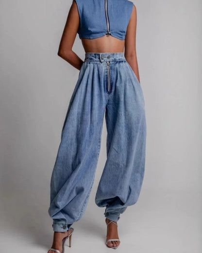 Vionne Pleated Barrel Leg Denim Jeans