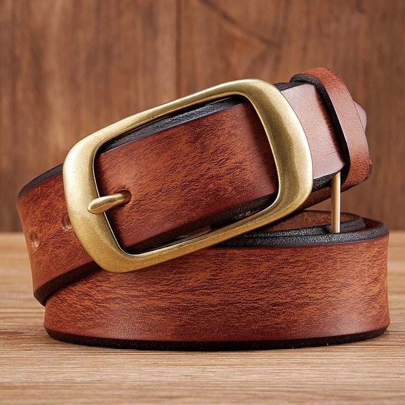 Wide Brass Buckle Leather Belt