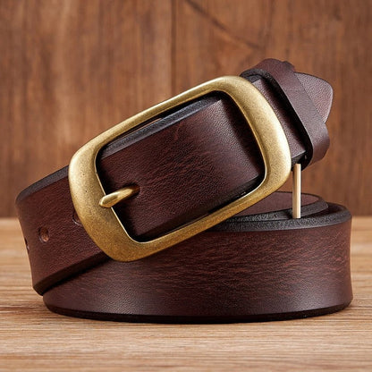Wide Brass Buckle Leather Belt